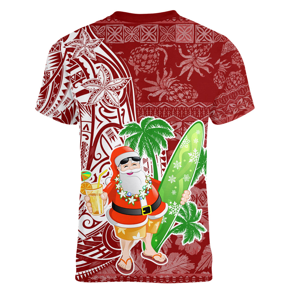 Hawaii Christmas Mele Kalikimaka Women V Neck T Shirt Santa Claus - Wonder Print Shop