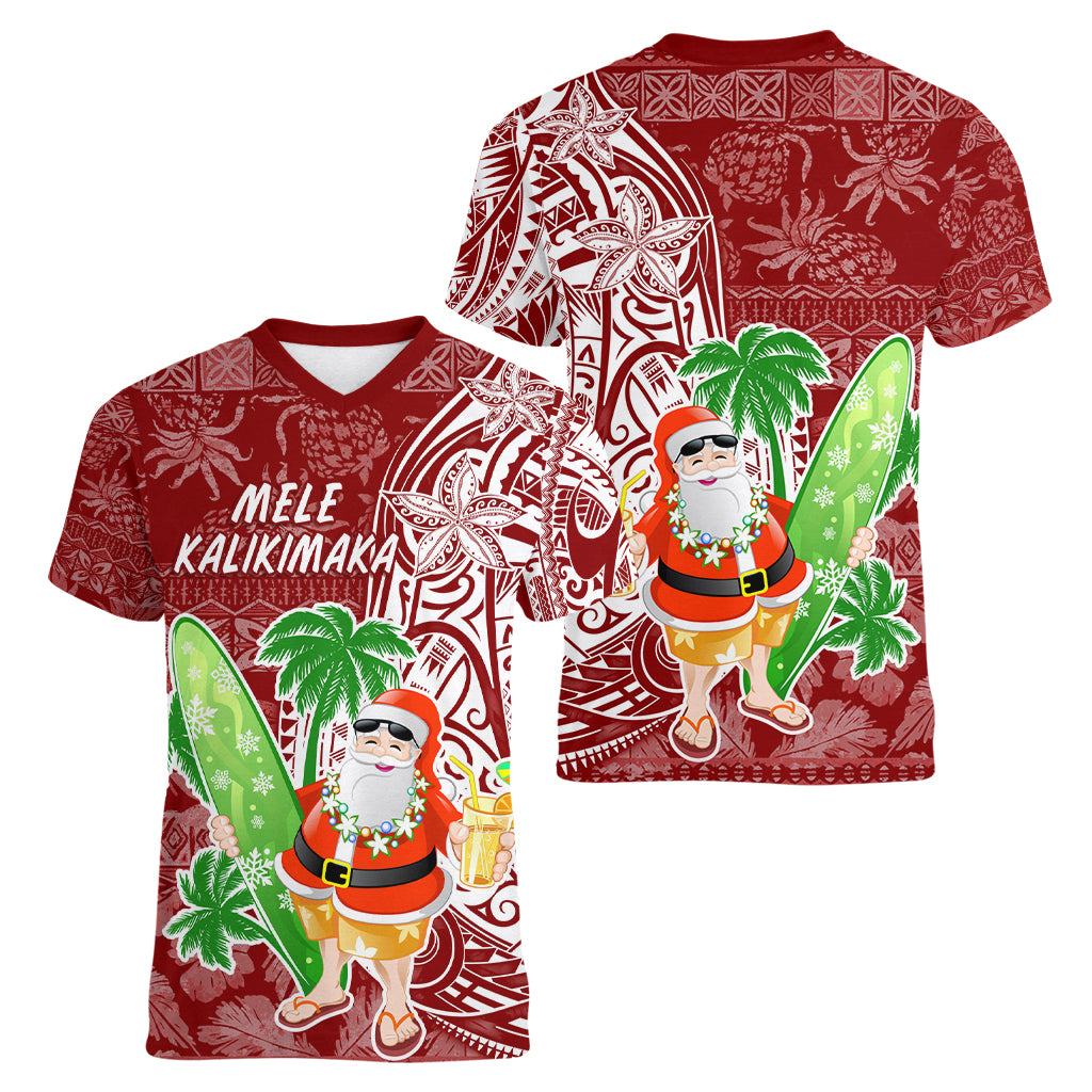 Hawaii Christmas Mele Kalikimaka Women V Neck T Shirt Santa Claus - Wonder Print Shop