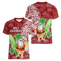 Hawaii Christmas Mele Kalikimaka Women V Neck T Shirt Santa Claus - Wonder Print Shop