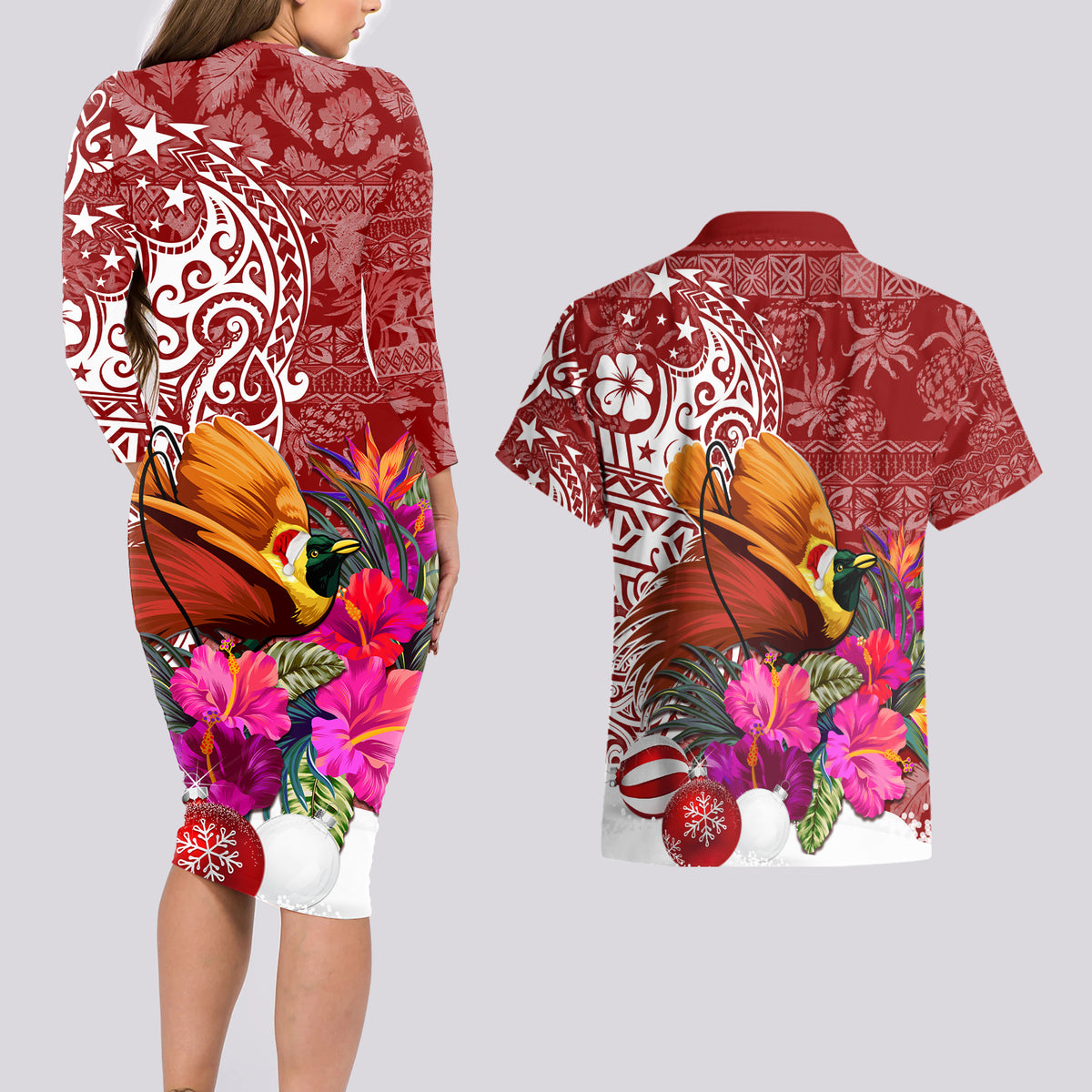 Papua New Guinea Christmas Couples Matching Long Sleeve Bodycon Dress and Hawaiian Shirt Bird-of-Paradise Special LT7 - Wonder Print Shop