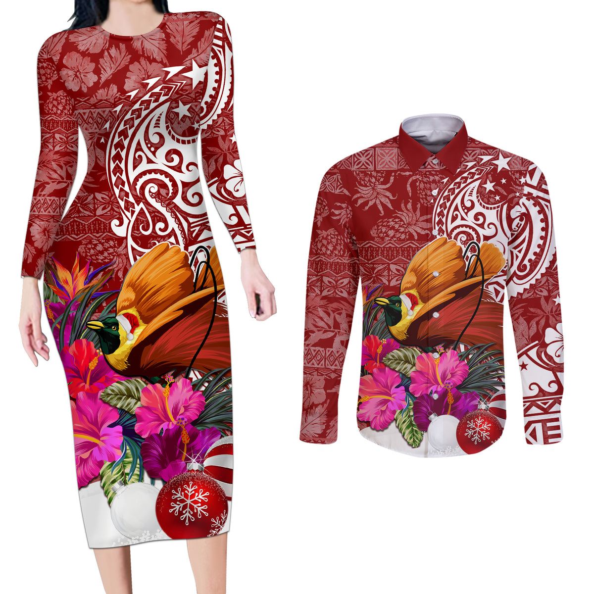 Papua New Guinea Christmas Couples Matching Long Sleeve Bodycon Dress and Long Sleeve Button Shirt Bird-of-Paradise Special LT7 - Wonder Print Shop