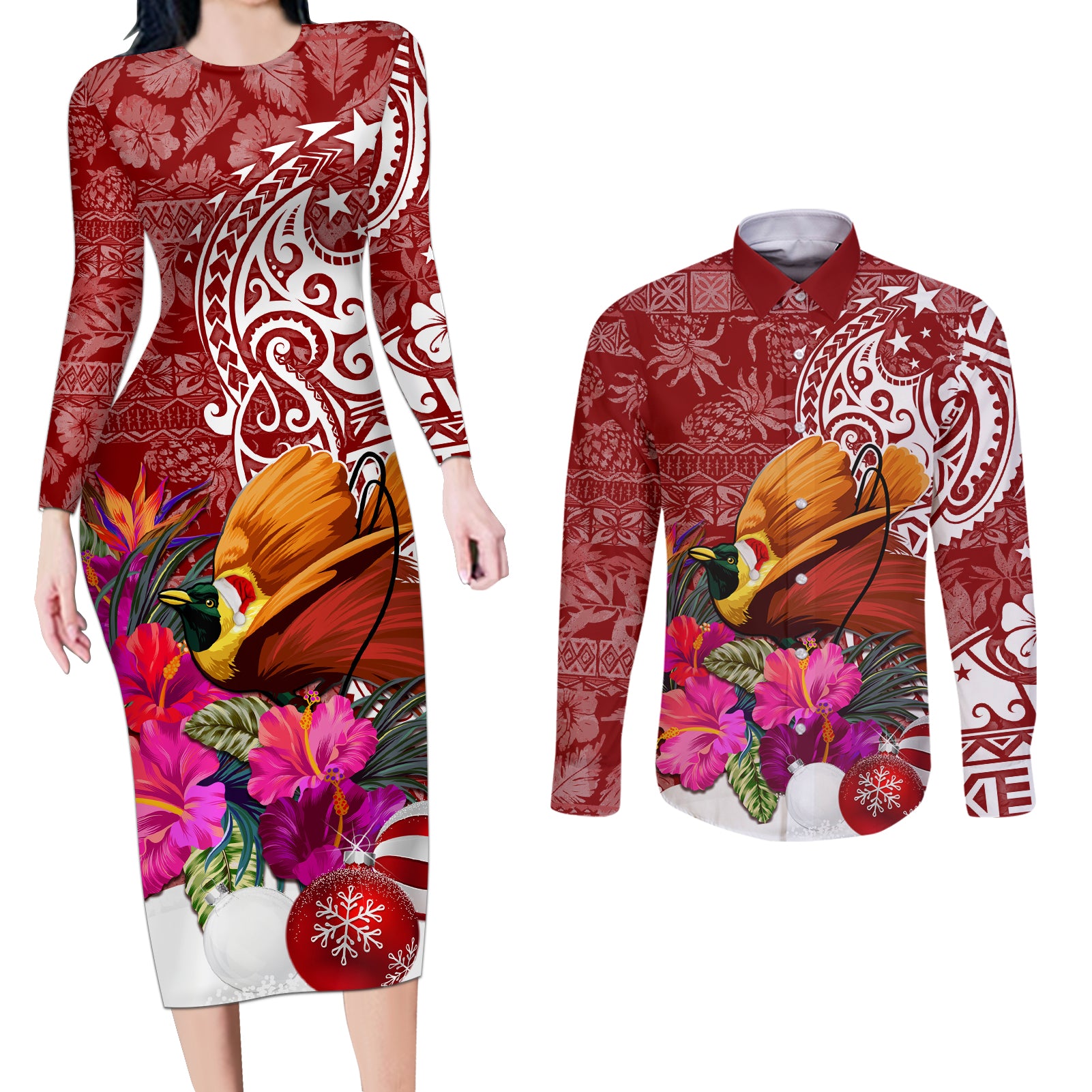 Papua New Guinea Christmas Couples Matching Long Sleeve Bodycon Dress and Long Sleeve Button Shirt Bird-of-Paradise Special LT7 - Wonder Print Shop