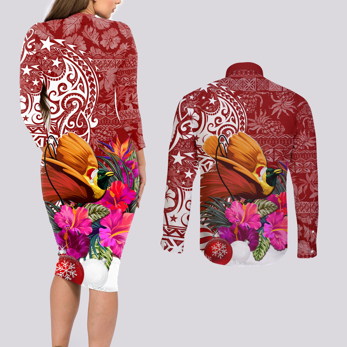 Papua New Guinea Christmas Couples Matching Long Sleeve Bodycon Dress and Long Sleeve Button Shirt Bird-of-Paradise Special LT7 - Wonder Print Shop