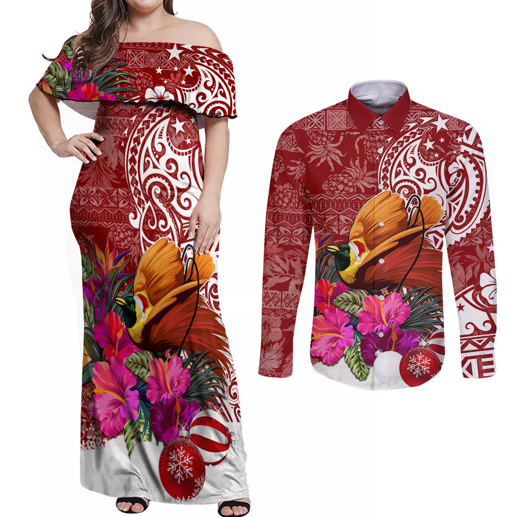 Papua New Guinea Christmas Couples Matching Off Shoulder Maxi Dress and Long Sleeve Button Shirt Bird-of-Paradise Special LT7 - Wonder Print Shop