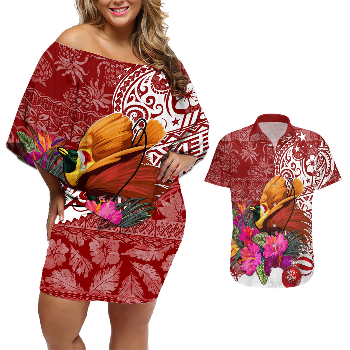 Papua New Guinea Christmas Couples Matching Off Shoulder Short Dress and Hawaiian Shirt Bird-of-Paradise Special LT7 - Wonder Print Shop
