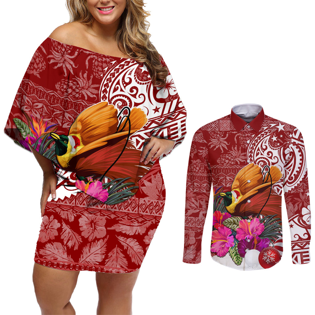 Papua New Guinea Christmas Couples Matching Off Shoulder Short Dress and Long Sleeve Button Shirt Bird-of-Paradise Special LT7 - Wonder Print Shop