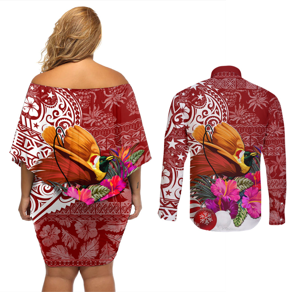 Papua New Guinea Christmas Couples Matching Off Shoulder Short Dress and Long Sleeve Button Shirt Bird-of-Paradise Special LT7 - Wonder Print Shop