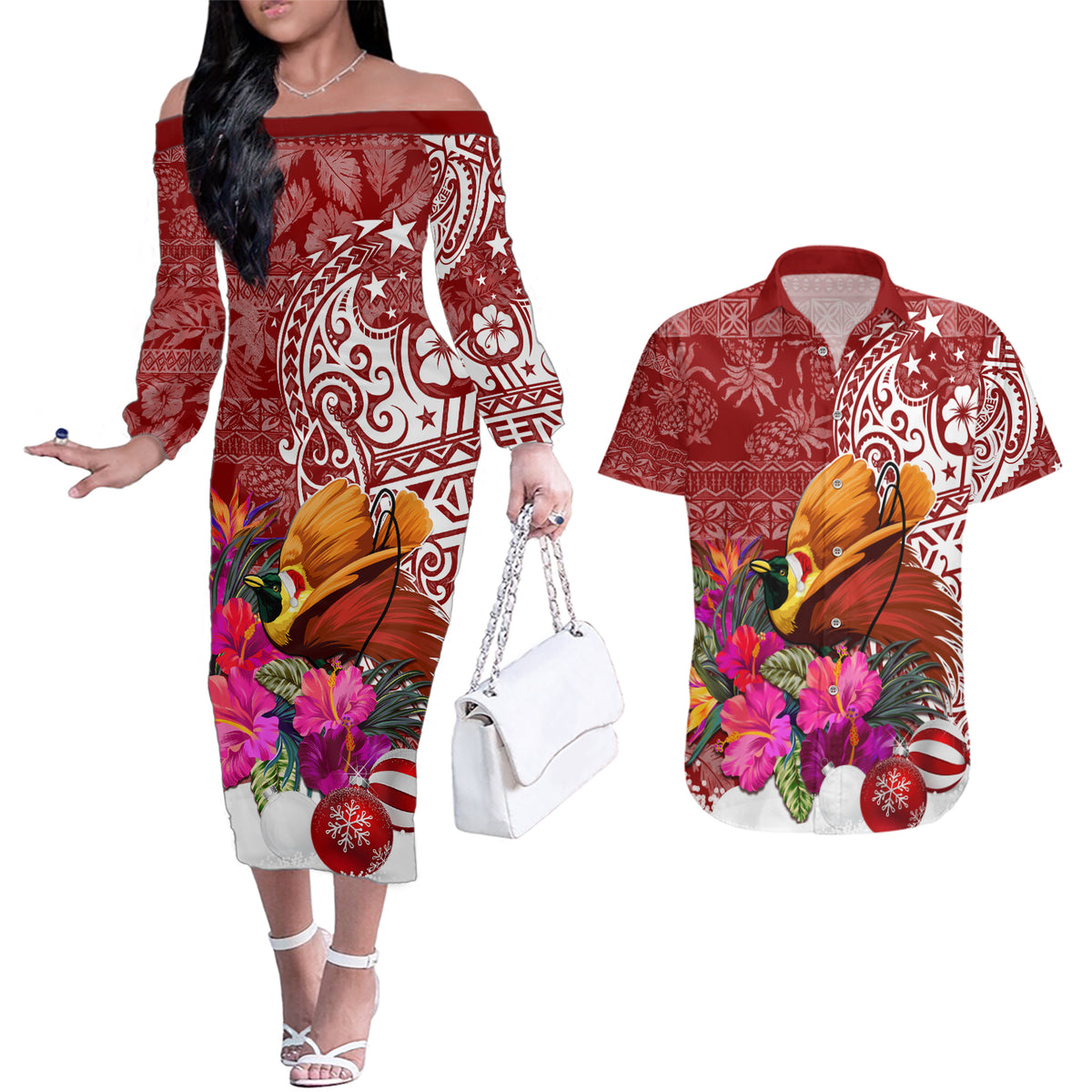 Papua New Guinea Christmas Couples Matching Off The Shoulder Long Sleeve Dress and Hawaiian Shirt Bird-of-Paradise Special LT7 - Wonder Print Shop