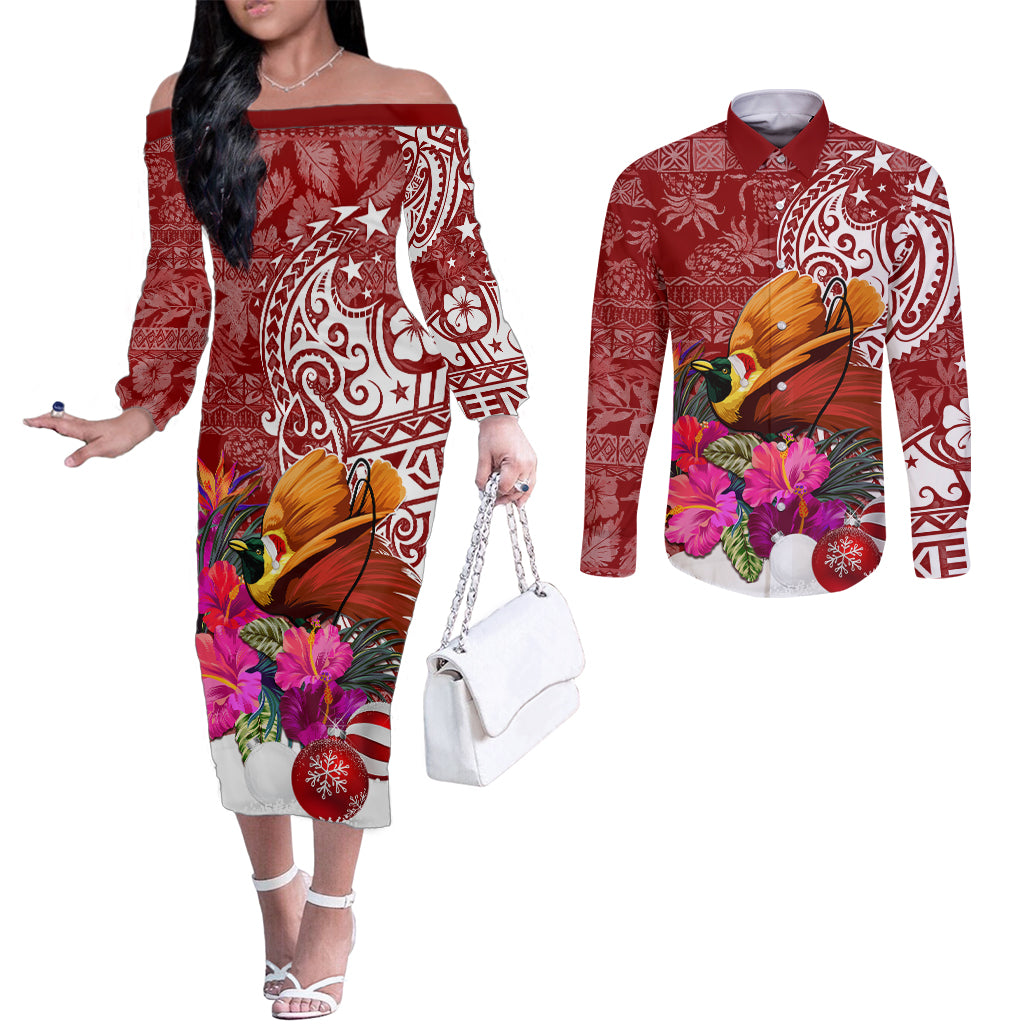 papua-new-guinea-christmas-couples-matching-off-the-shoulder-long-sleeve-dress-and-long-sleeve-button-shirt-bird-of-paradise-special