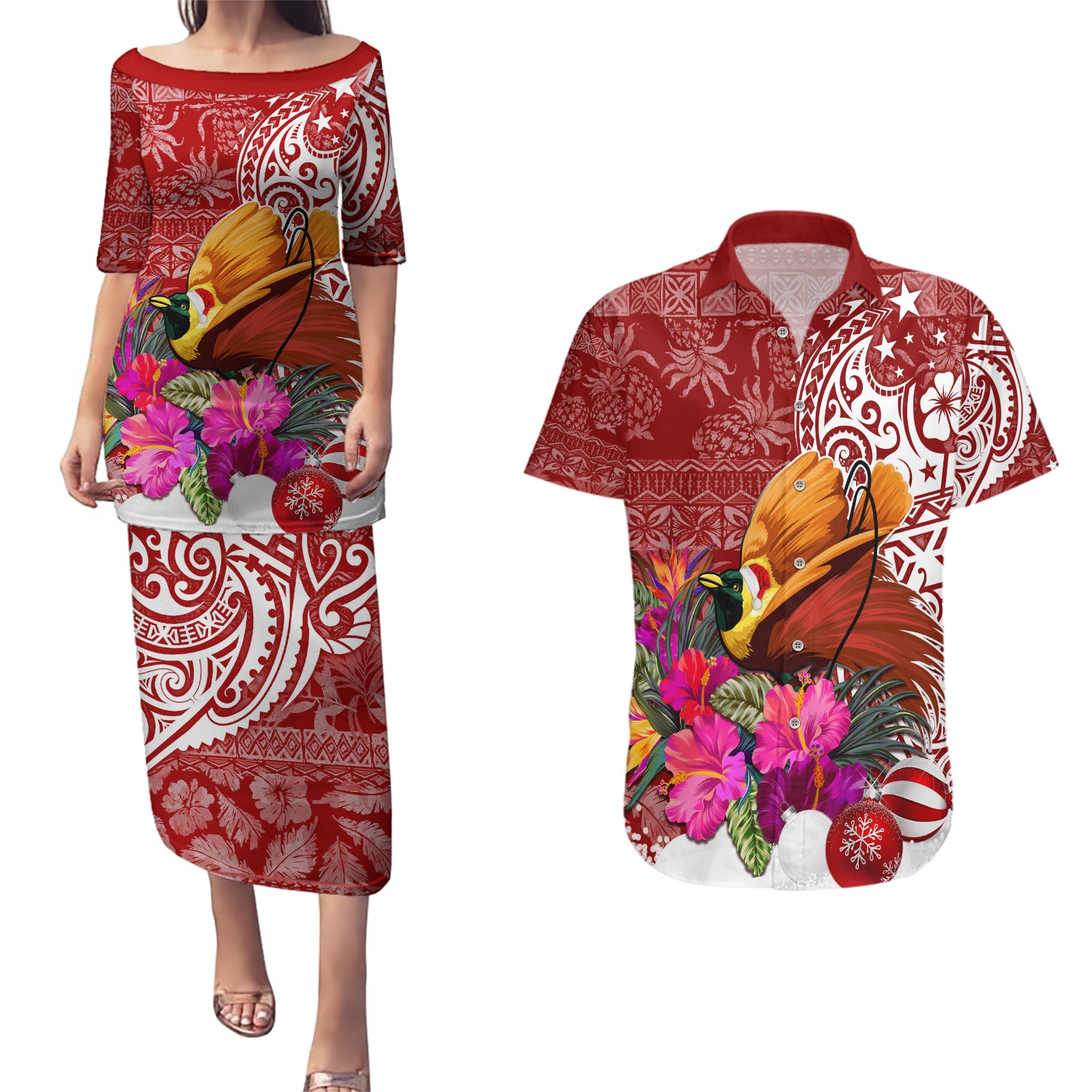 Papua New Guinea Christmas Couples Matching Puletasi Dress and Hawaiian Shirt Bird-of-Paradise Special LT7 - Wonder Print Shop
