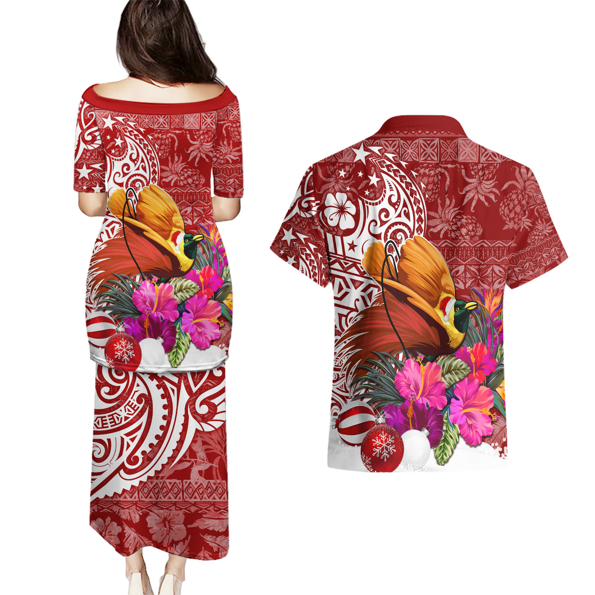Papua New Guinea Christmas Couples Matching Puletasi Dress and Hawaiian Shirt Bird-of-Paradise Special LT7 - Wonder Print Shop
