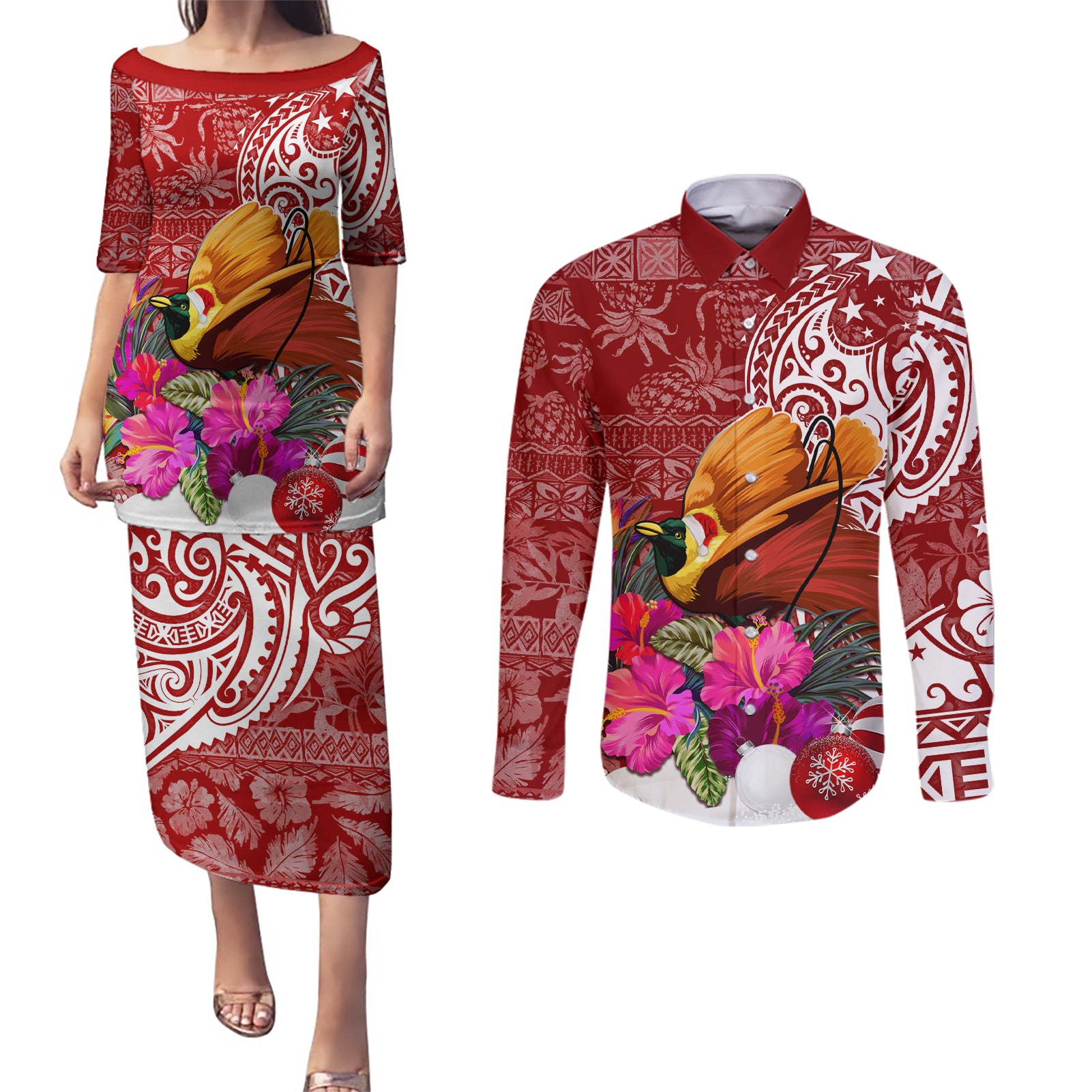 Papua New Guinea Christmas Couples Matching Puletasi Dress and Long Sleeve Button Shirt Bird-of-Paradise Special LT7 - Wonder Print Shop