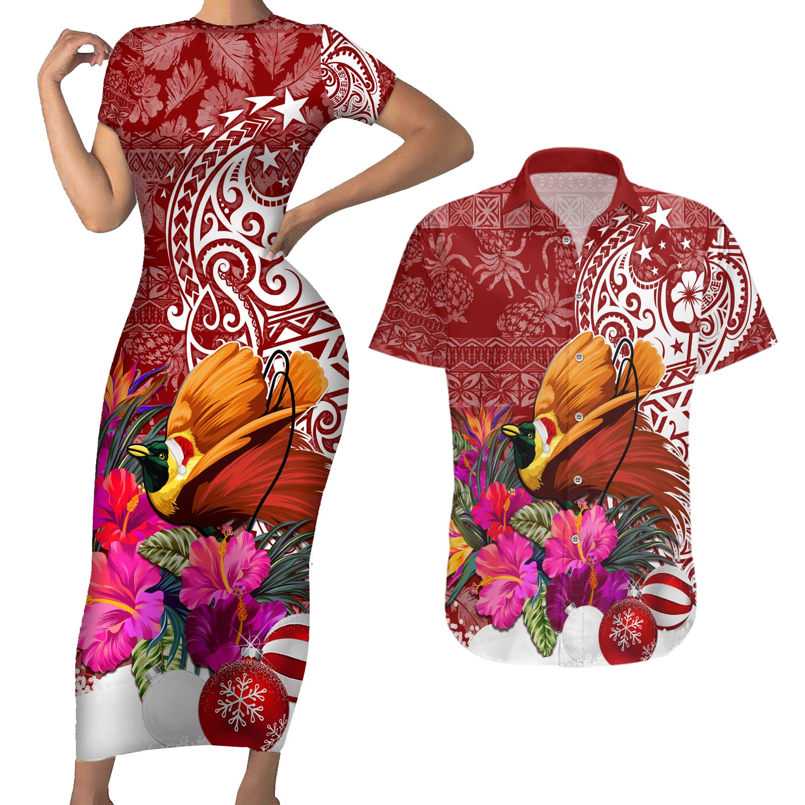 Papua New Guinea Christmas Couples Matching Short Sleeve Bodycon Dress and Hawaiian Shirt Bird-of-Paradise Special LT7 - Wonder Print Shop