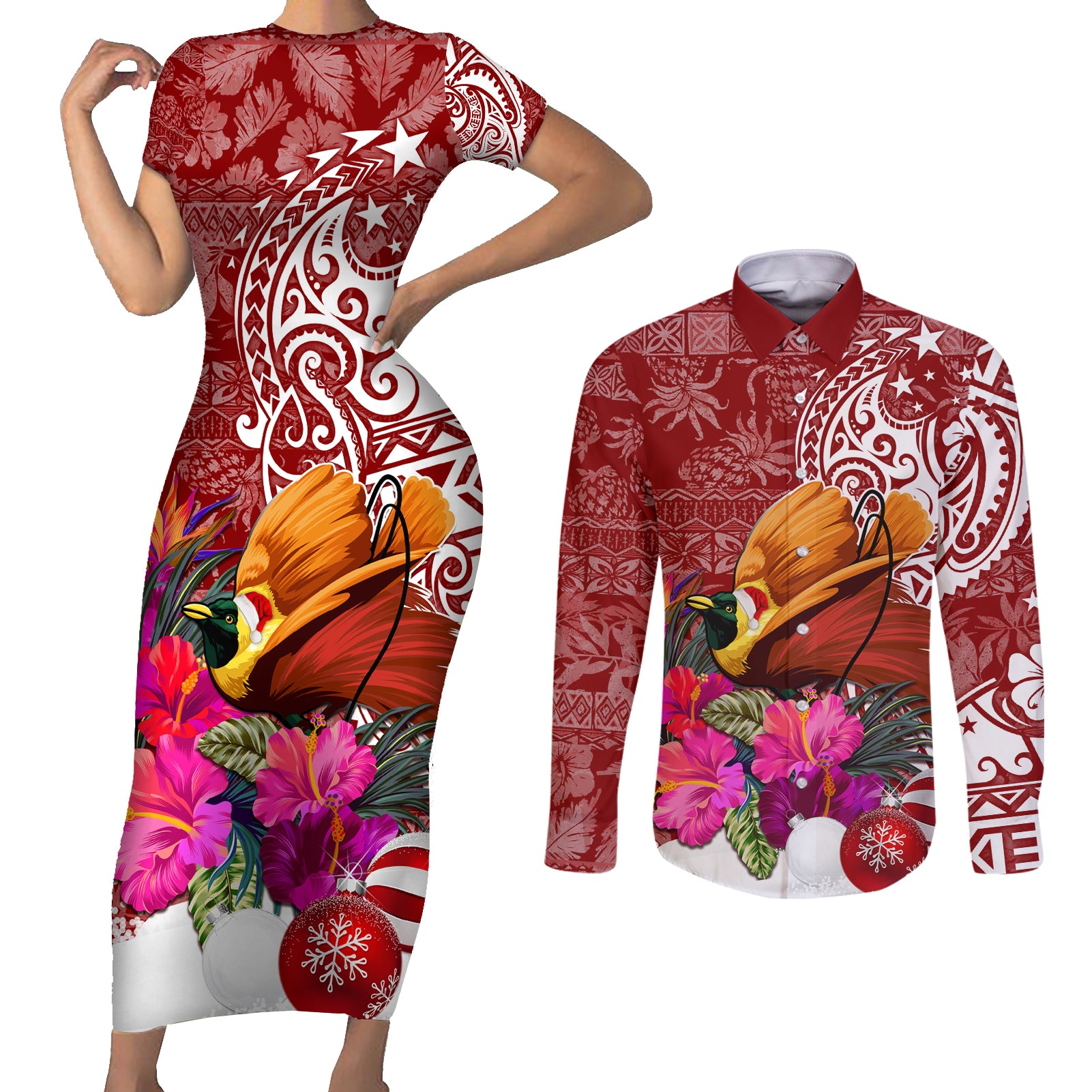 Papua New Guinea Christmas Couples Matching Short Sleeve Bodycon Dress and Long Sleeve Button Shirt Bird-of-Paradise Special LT7 - Wonder Print Shop