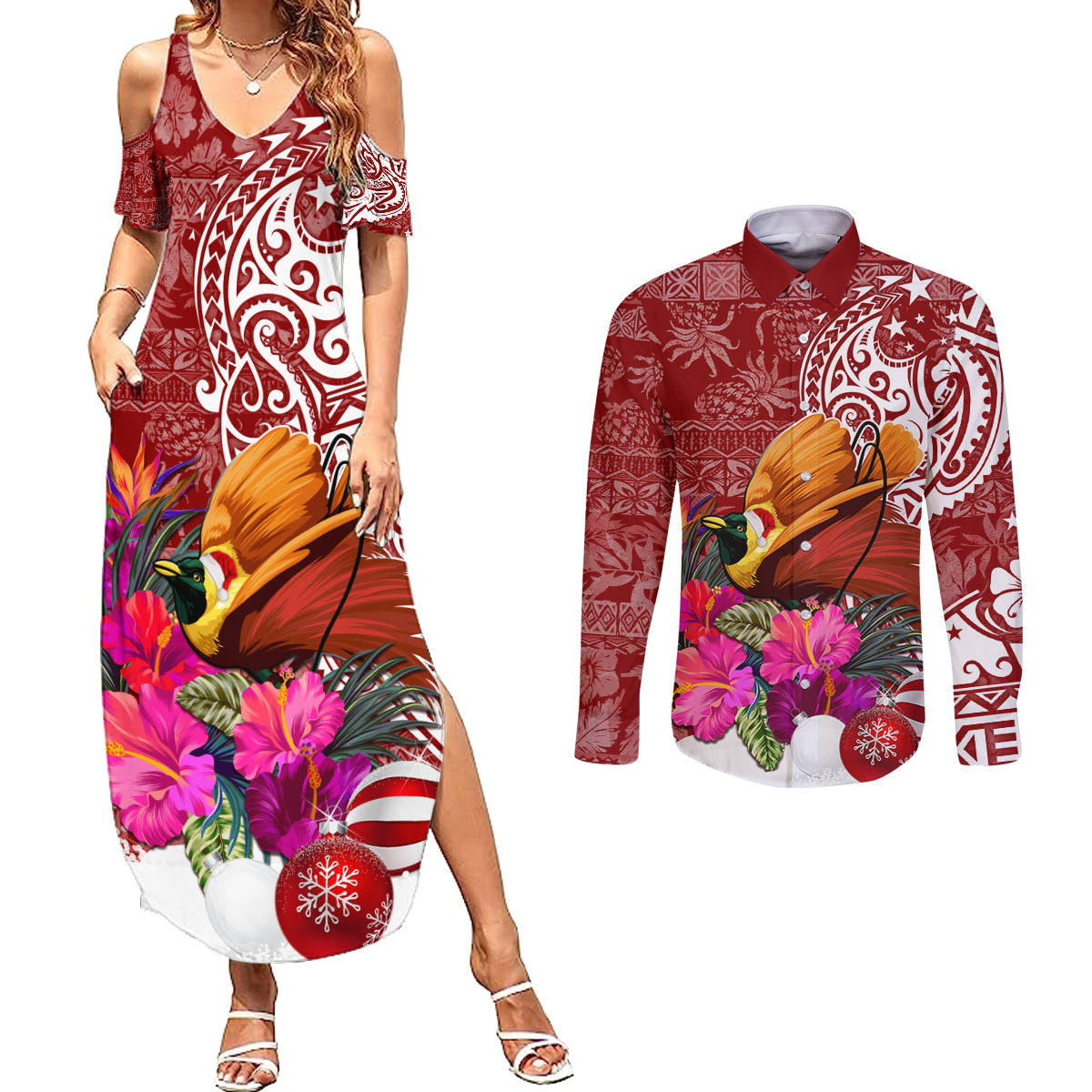Papua New Guinea Christmas Couples Matching Summer Maxi Dress and Long Sleeve Button Shirt Bird-of-Paradise Special LT7 - Wonder Print Shop