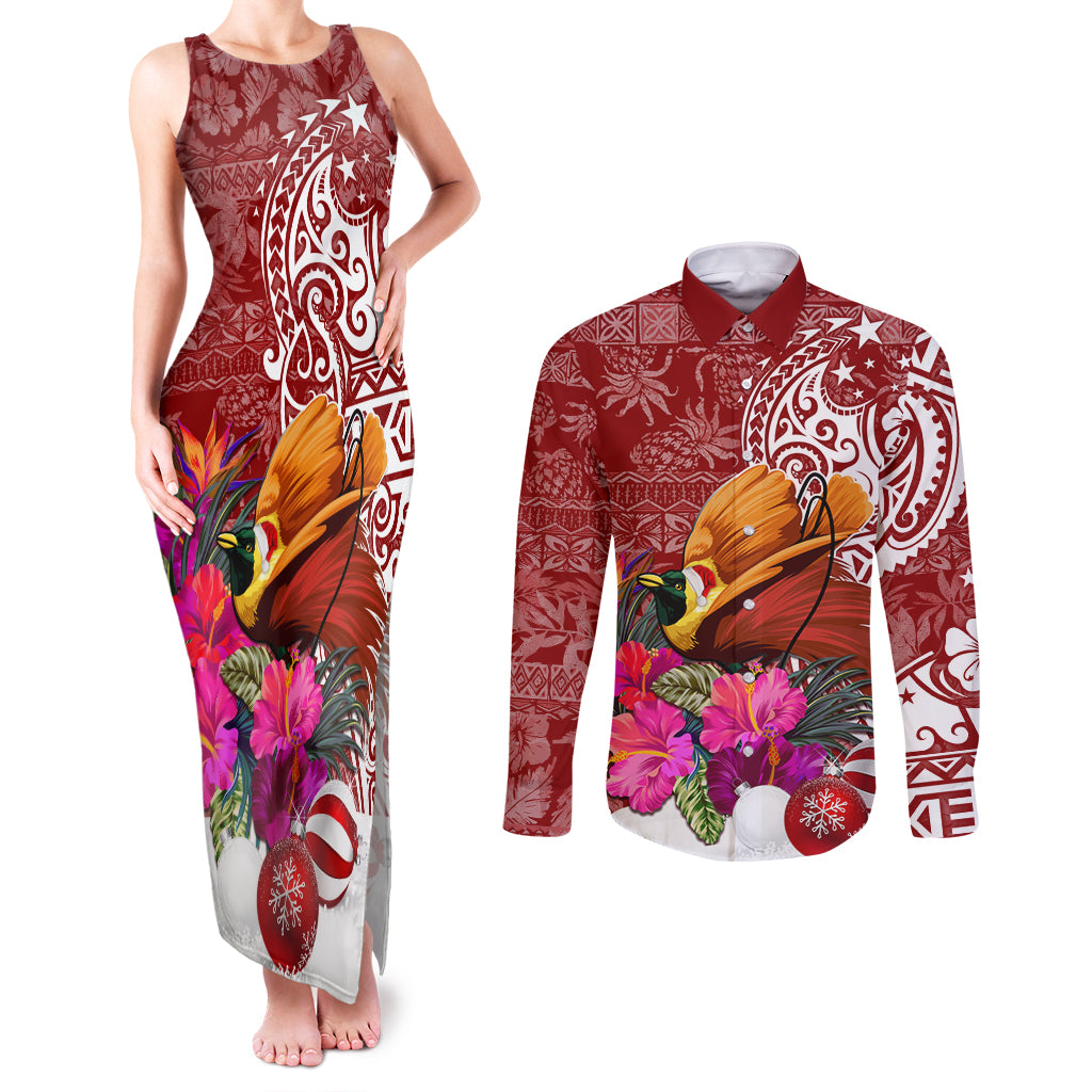 Papua New Guinea Christmas Couples Matching Tank Maxi Dress and Long Sleeve Button Shirt Bird-of-Paradise Special LT7 - Wonder Print Shop