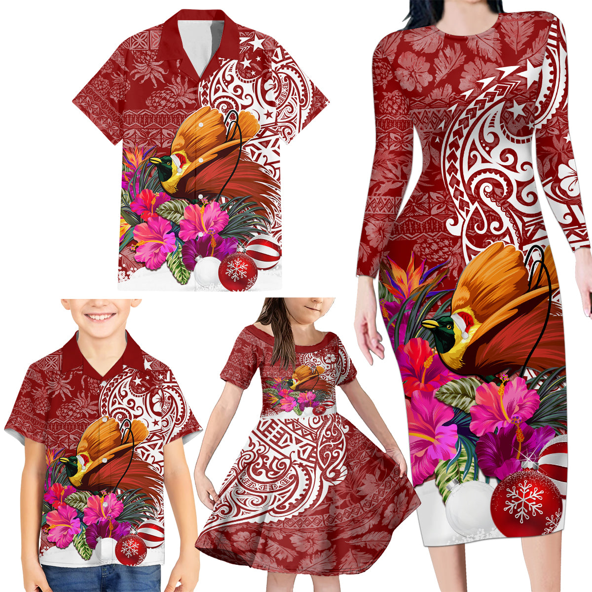 Papua New Guinea Christmas Family Matching Long Sleeve Bodycon Dress and Hawaiian Shirt Bird-of-Paradise Special LT7 - Wonder Print Shop