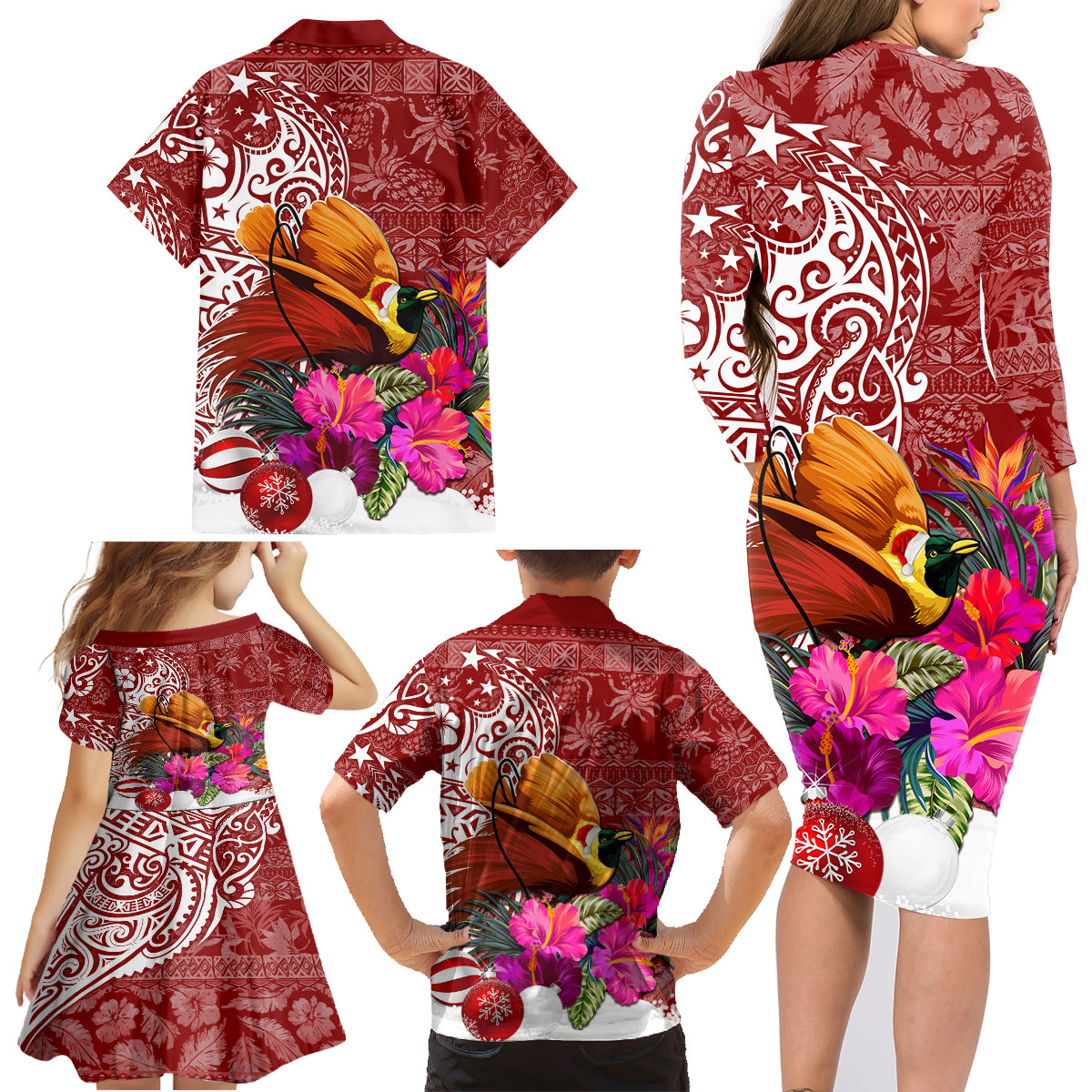 Papua New Guinea Christmas Family Matching Long Sleeve Bodycon Dress and Hawaiian Shirt Bird-of-Paradise Special LT7 - Wonder Print Shop