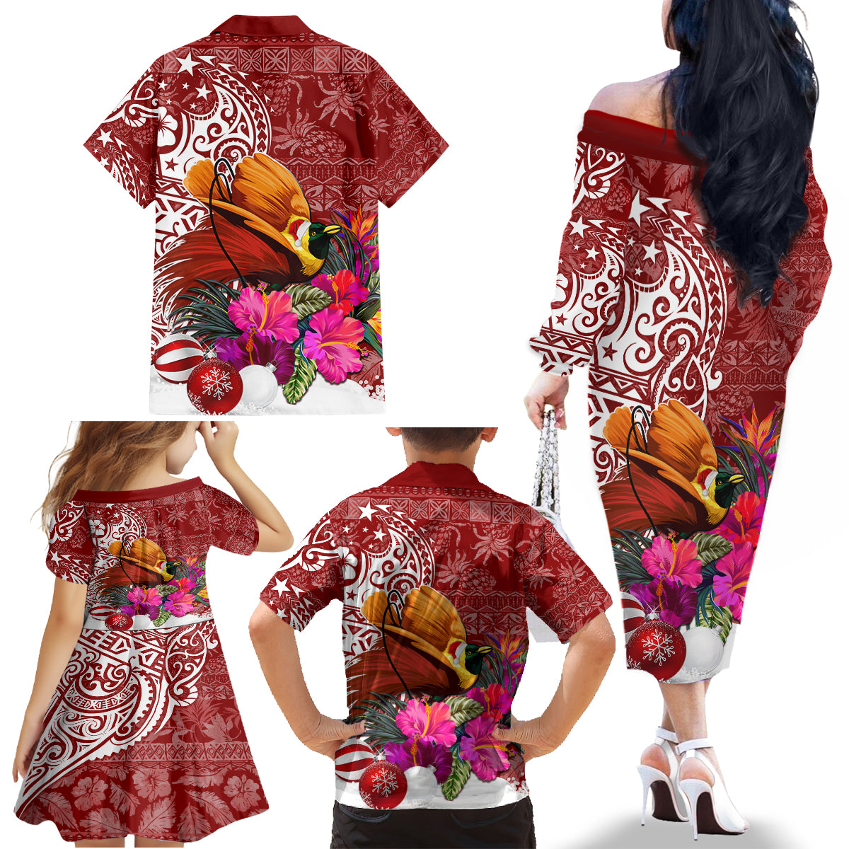 Papua New Guinea Christmas Family Matching Off Shoulder Long Sleeve Dress and Hawaiian Shirt Bird-of-Paradise Special - Wonder Print Shop
