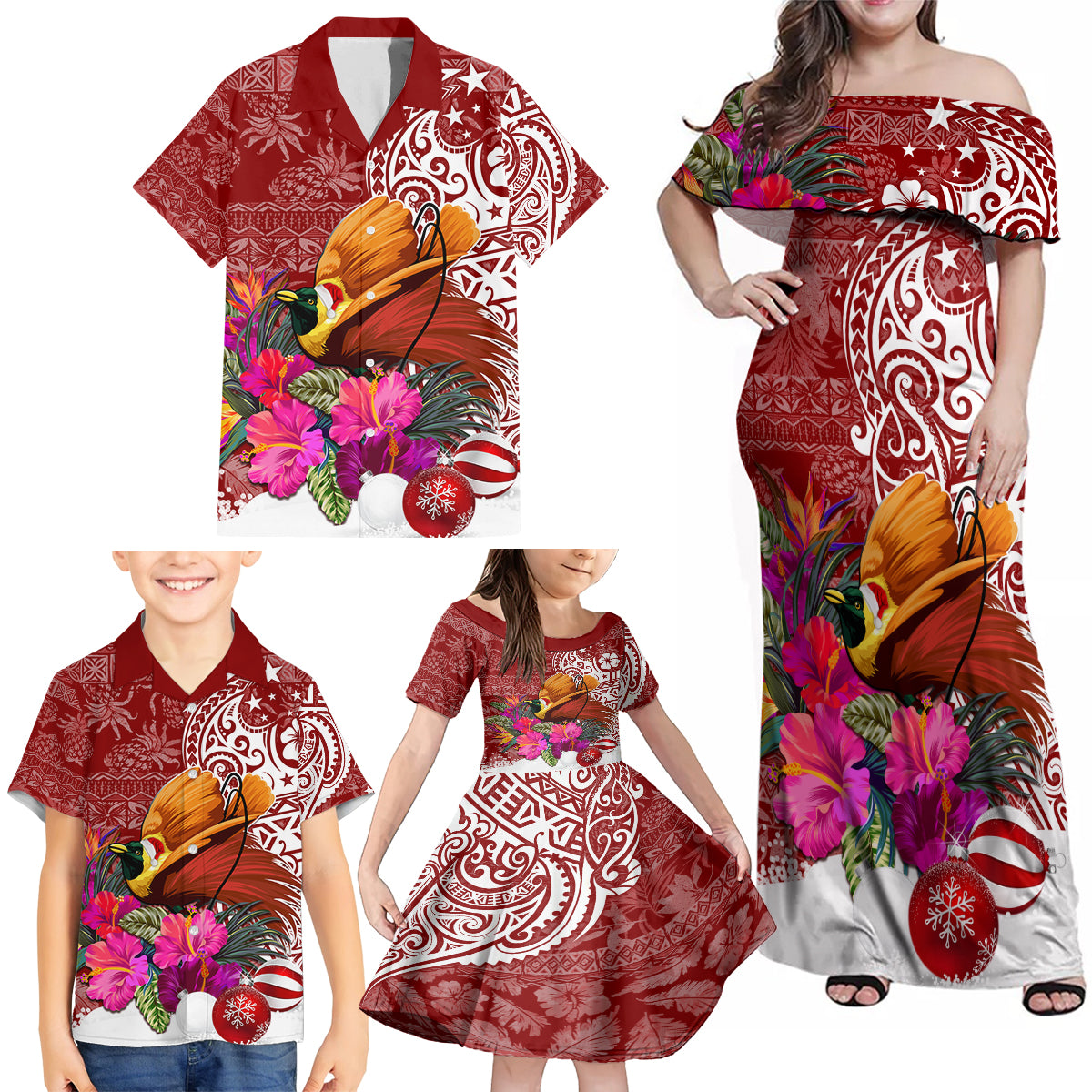 Papua New Guinea Christmas Family Matching Off Shoulder Maxi Dress and Hawaiian Shirt Bird-of-Paradise Special LT7 - Wonder Print Shop