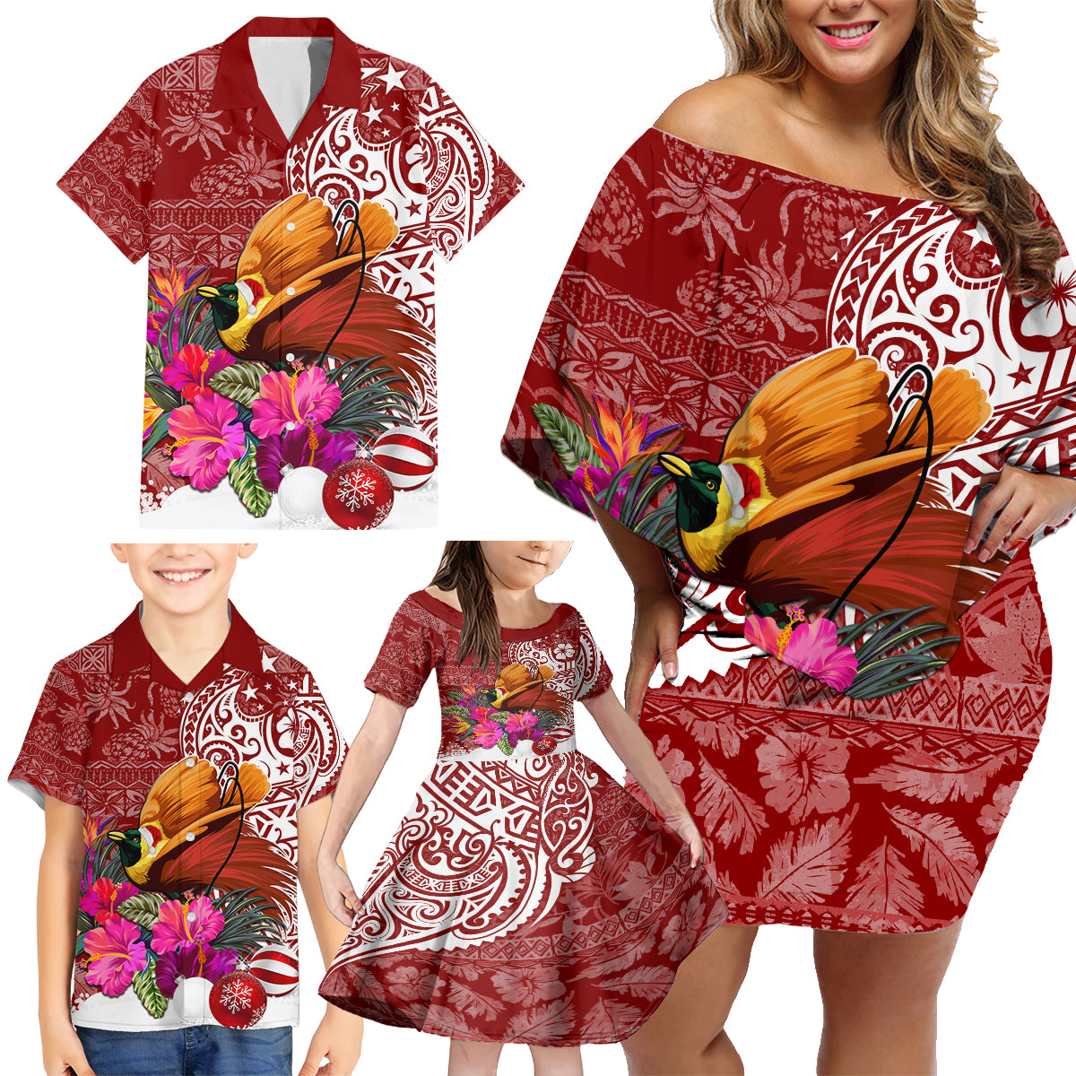 Papua New Guinea Christmas Family Matching Off Shoulder Short Dress and Hawaiian Shirt Bird-of-Paradise Special LT7 - Wonder Print Shop