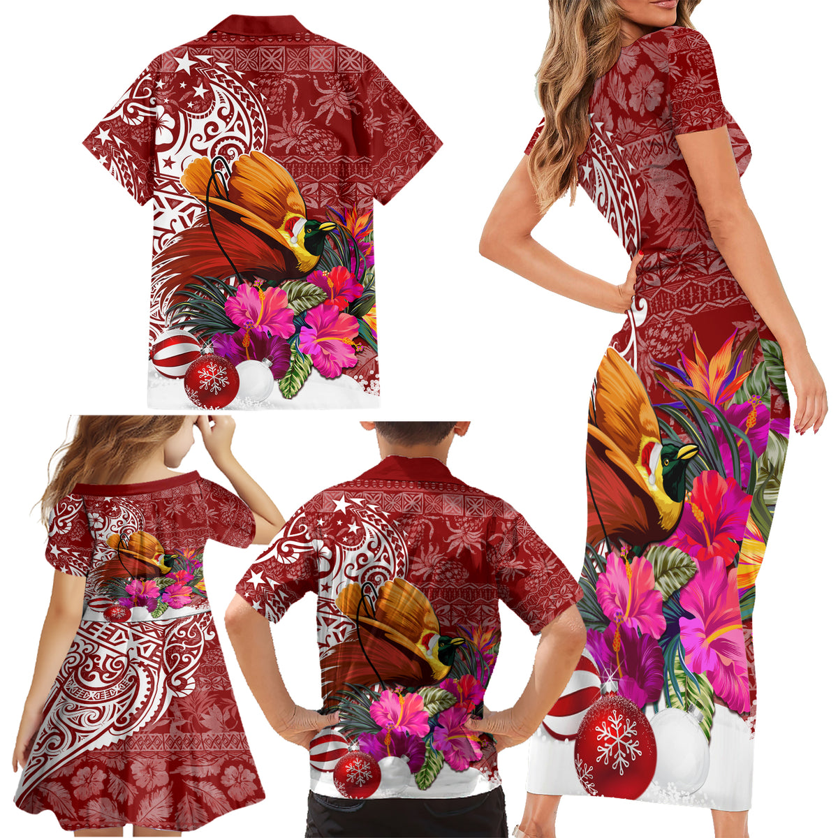 Papua New Guinea Christmas Family Matching Short Sleeve Bodycon Dress and Hawaiian Shirt Bird-of-Paradise Special - Wonder Print Shop