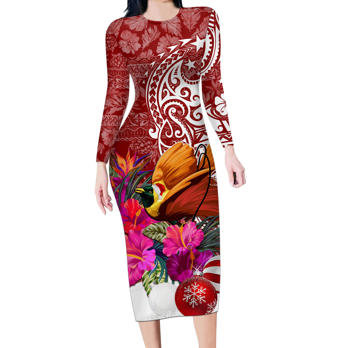 Papua New Guinea Christmas Long Sleeve Bodycon Dress Bird-of-Paradise Special - Wonder Print Shop