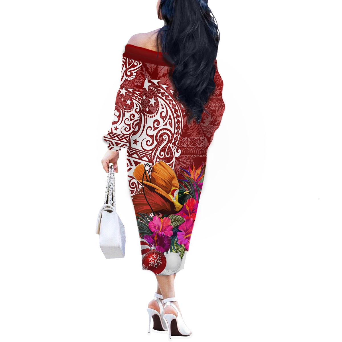 Papua New Guinea Christmas Off The Shoulder Long Sleeve Dress Bird-of-Paradise Special - Wonder Print Shop