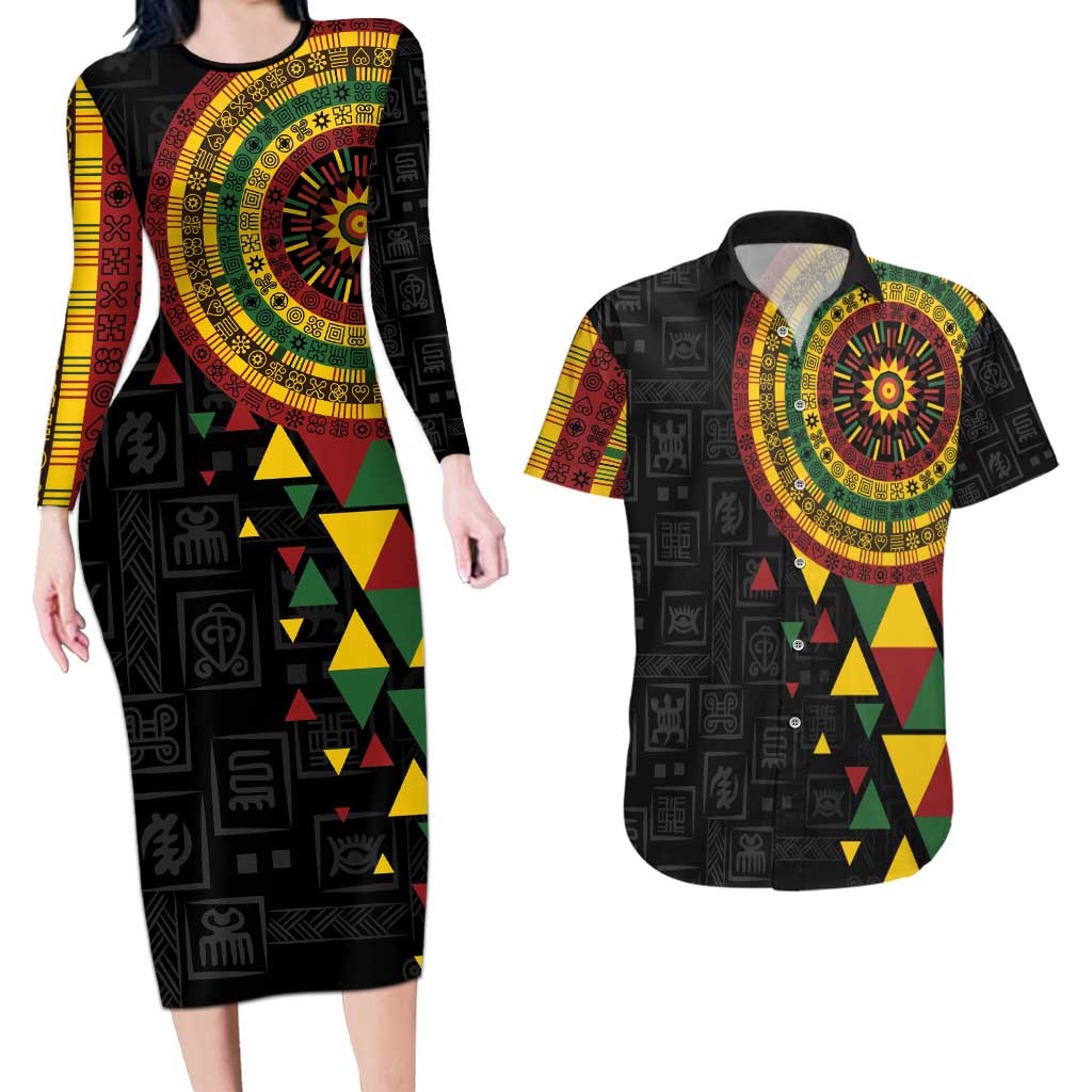 Personalized Adinkra Akan Culture Couples Matching Long Sleeve Bodycon Dress and Hawaiian Shirt Afrikan Colors