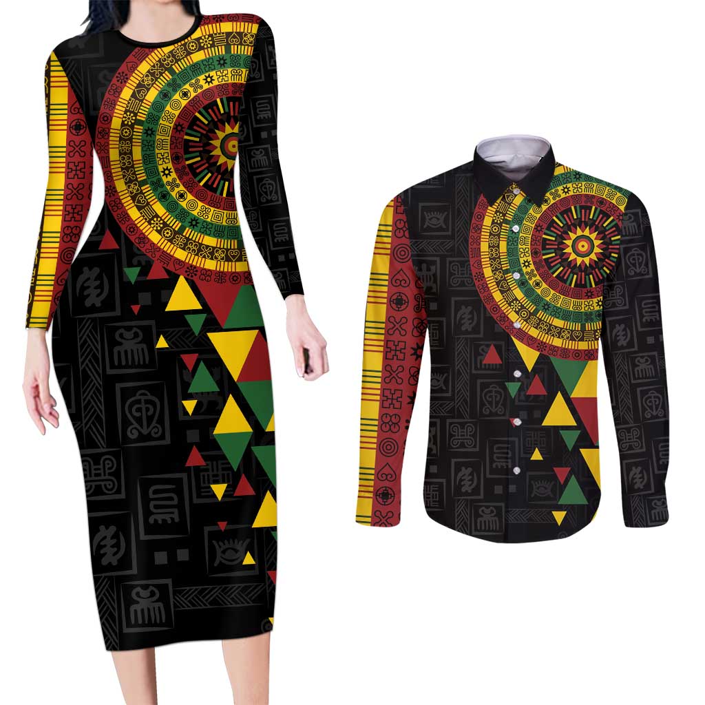 Personalized Adinkra Akan Culture Couples Matching Long Sleeve Bodycon Dress and Long Sleeve Button Shirt Afrikan Colors