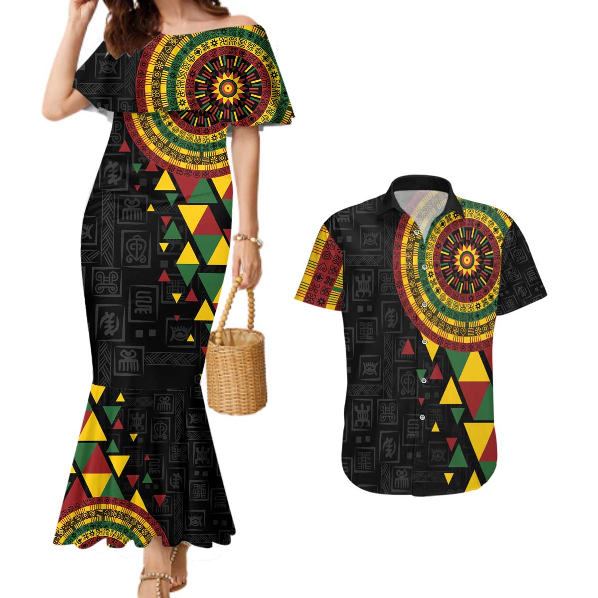 Personalized Adinkra Akan Culture Couples Matching Mermaid Dress and Hawaiian Shirt Afrikan Colors