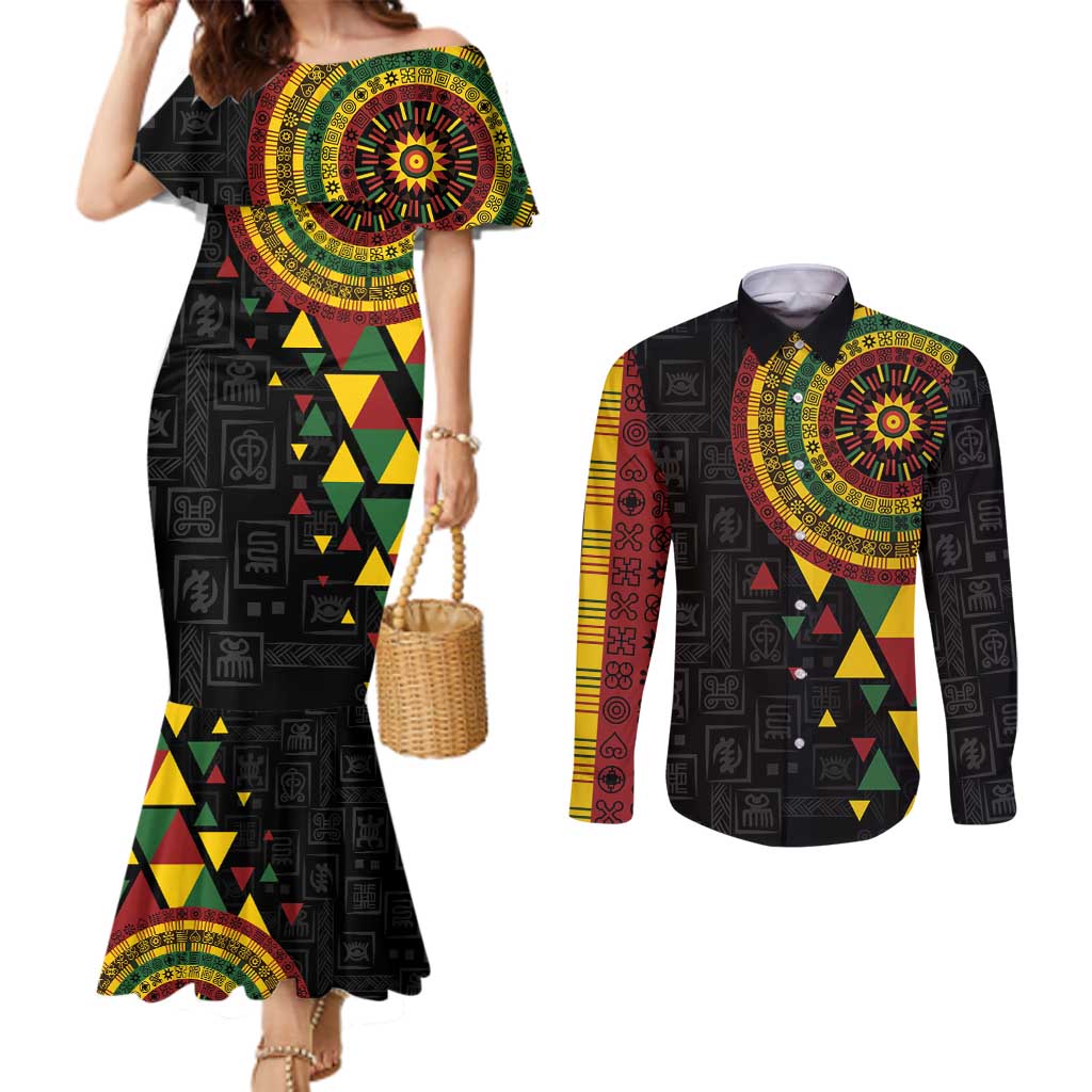 Personalized Adinkra Akan Culture Couples Matching Mermaid Dress and Long Sleeve Button Shirt Afrikan Colors