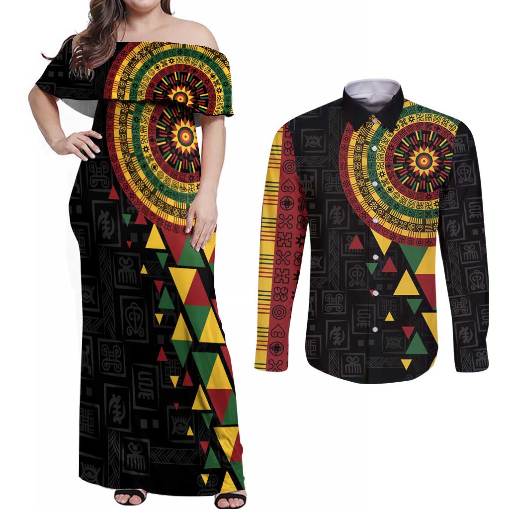 Personalized Adinkra Akan Culture Couples Matching Off Shoulder Maxi Dress and Long Sleeve Button Shirt Afrikan Colors