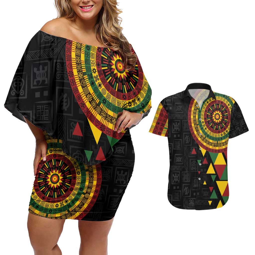 Personalized Adinkra Akan Culture Couples Matching Off Shoulder Short Dress and Hawaiian Shirt Afrikan Colors