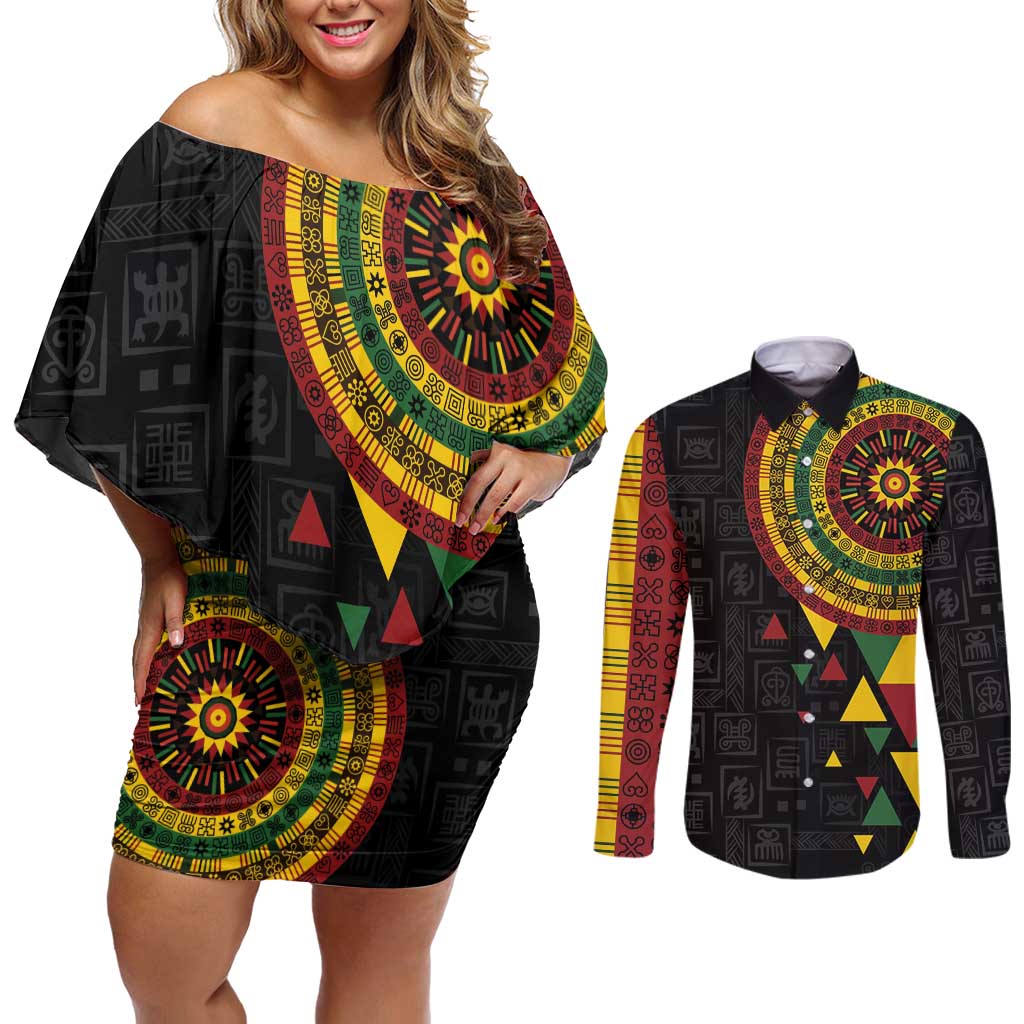 Personalized Adinkra Akan Culture Couples Matching Off Shoulder Short Dress and Long Sleeve Button Shirt Afrikan Colors