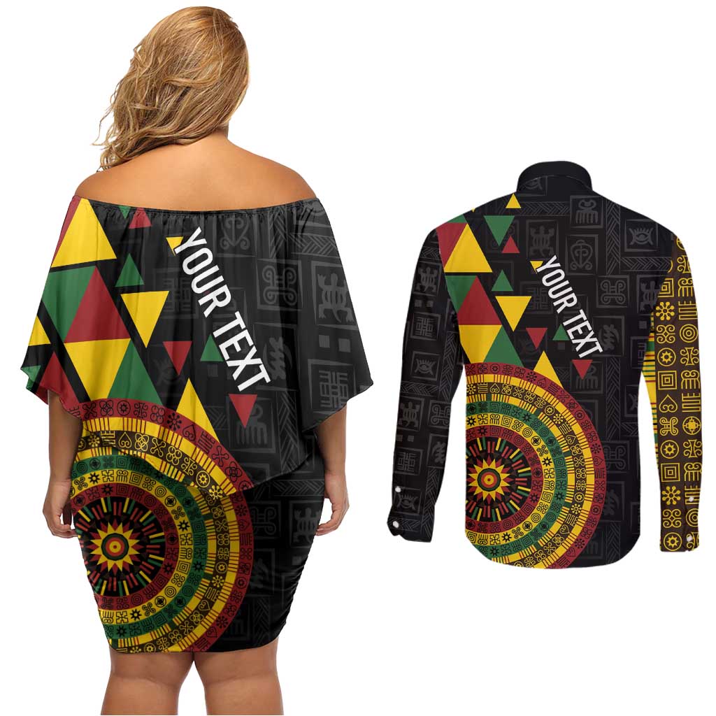 Personalized Adinkra Akan Culture Couples Matching Off Shoulder Short Dress and Long Sleeve Button Shirt Afrikan Colors