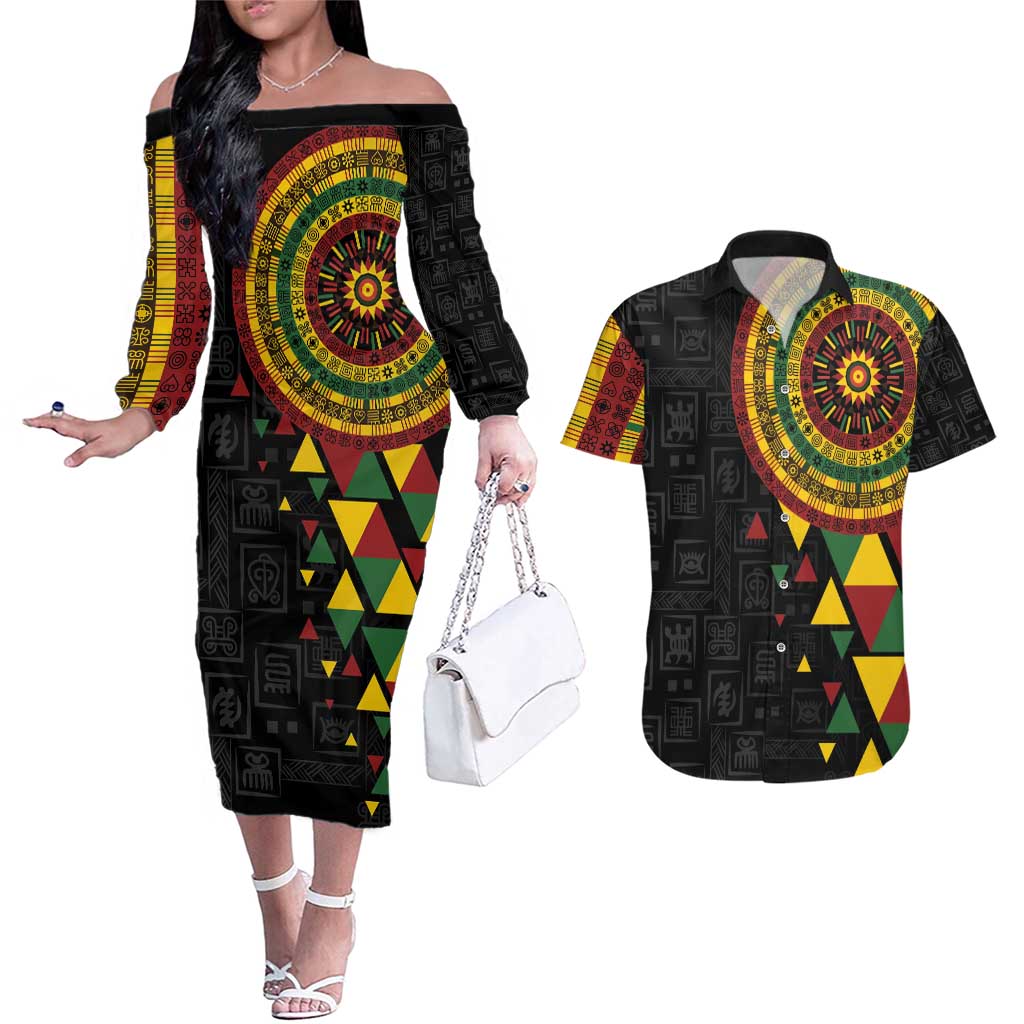Personalized Adinkra Akan Culture Couples Matching Off The Shoulder Long Sleeve Dress and Hawaiian Shirt Afrikan Colors