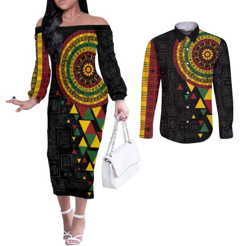 Personalized Adinkra Akan Culture Couples Matching Off The Shoulder Long Sleeve Dress and Long Sleeve Button Shirt Afrikan Colors