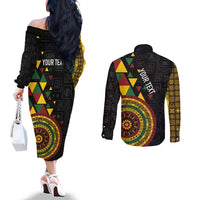 Personalized Adinkra Akan Culture Couples Matching Off The Shoulder Long Sleeve Dress and Long Sleeve Button Shirt Afrikan Colors