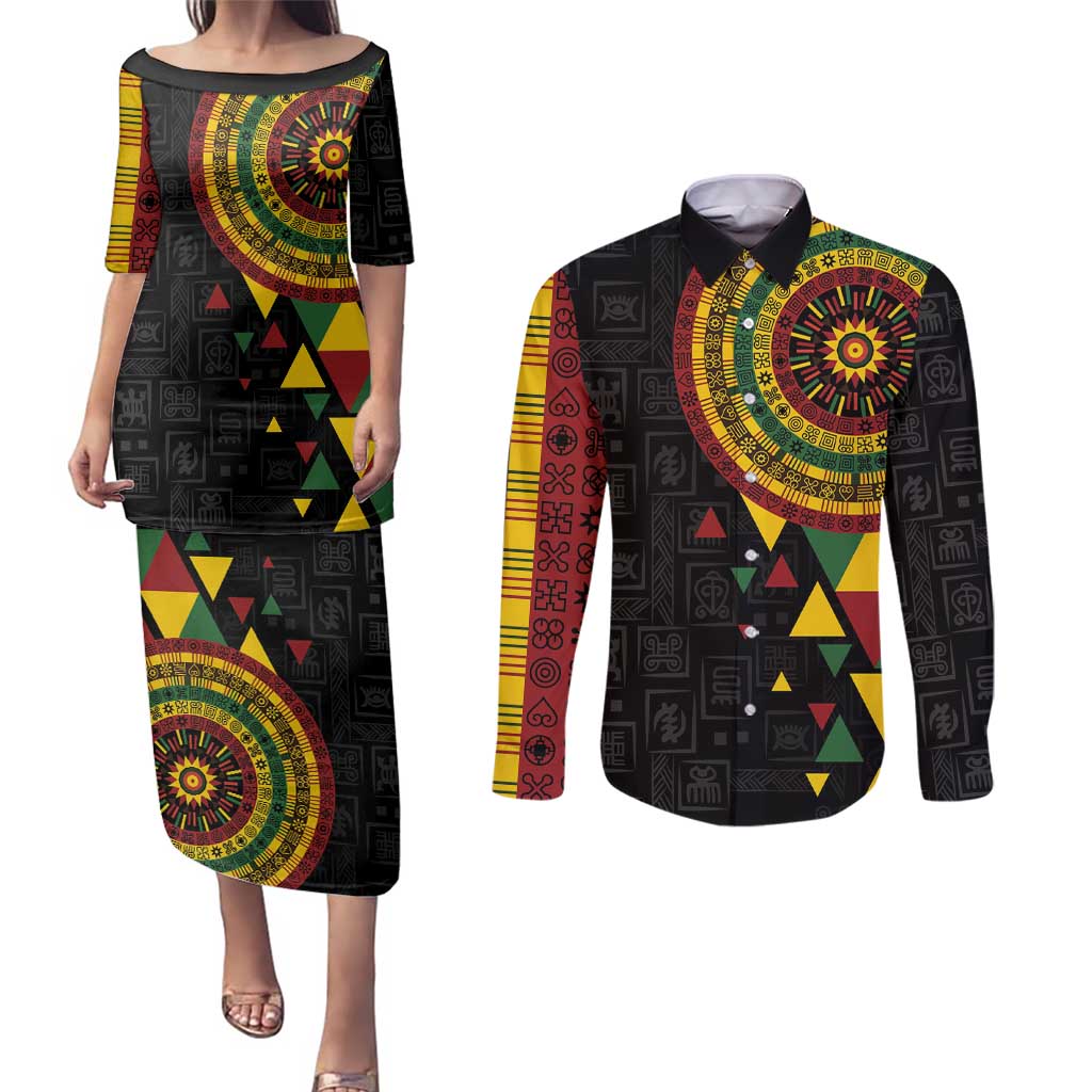 Personalized Adinkra Akan Culture Couples Matching Puletasi and Long Sleeve Button Shirt Afrikan Colors
