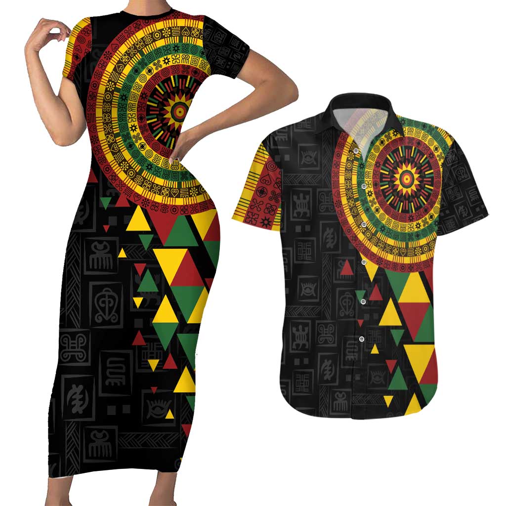 Personalized Adinkra Akan Culture Couples Matching Short Sleeve Bodycon Dress and Hawaiian Shirt Afrikan Colors