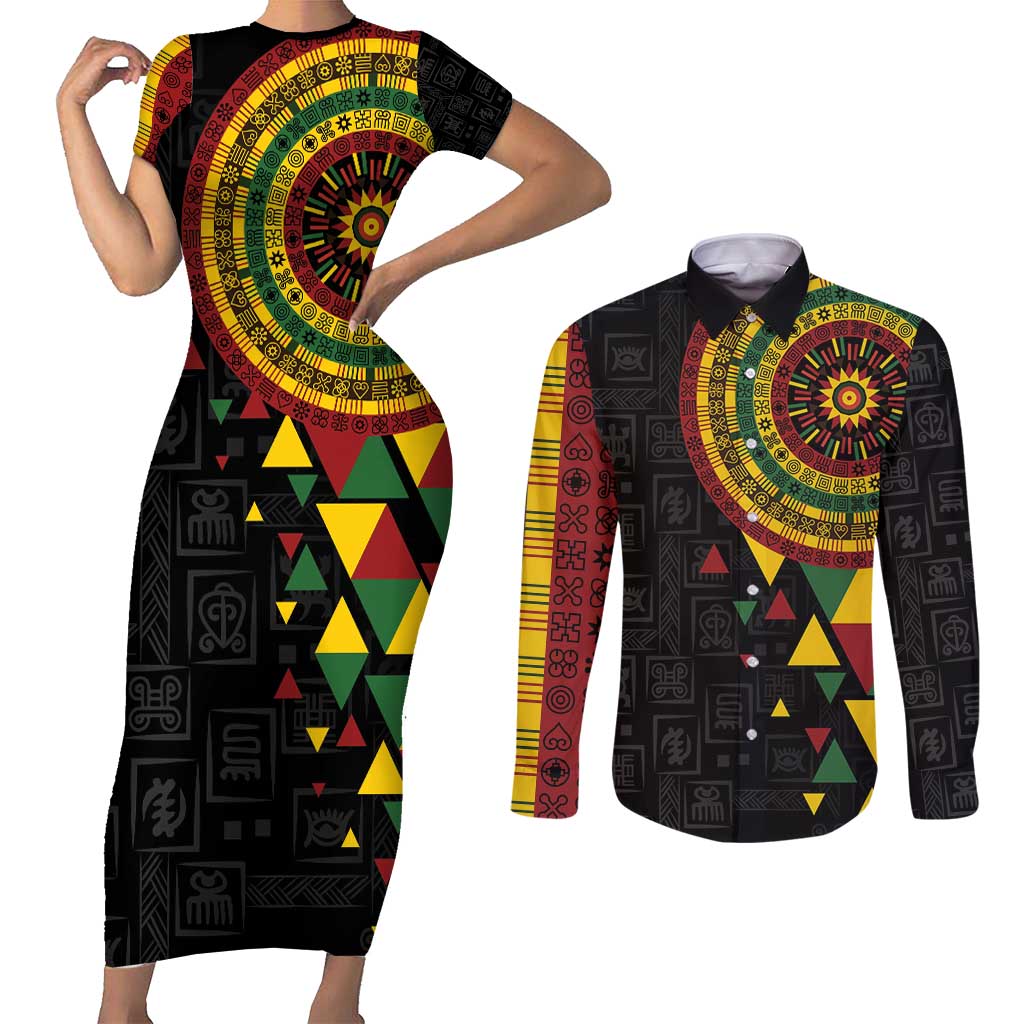 Personalized Adinkra Akan Culture Couples Matching Short Sleeve Bodycon Dress and Long Sleeve Button Shirt Afrikan Colors