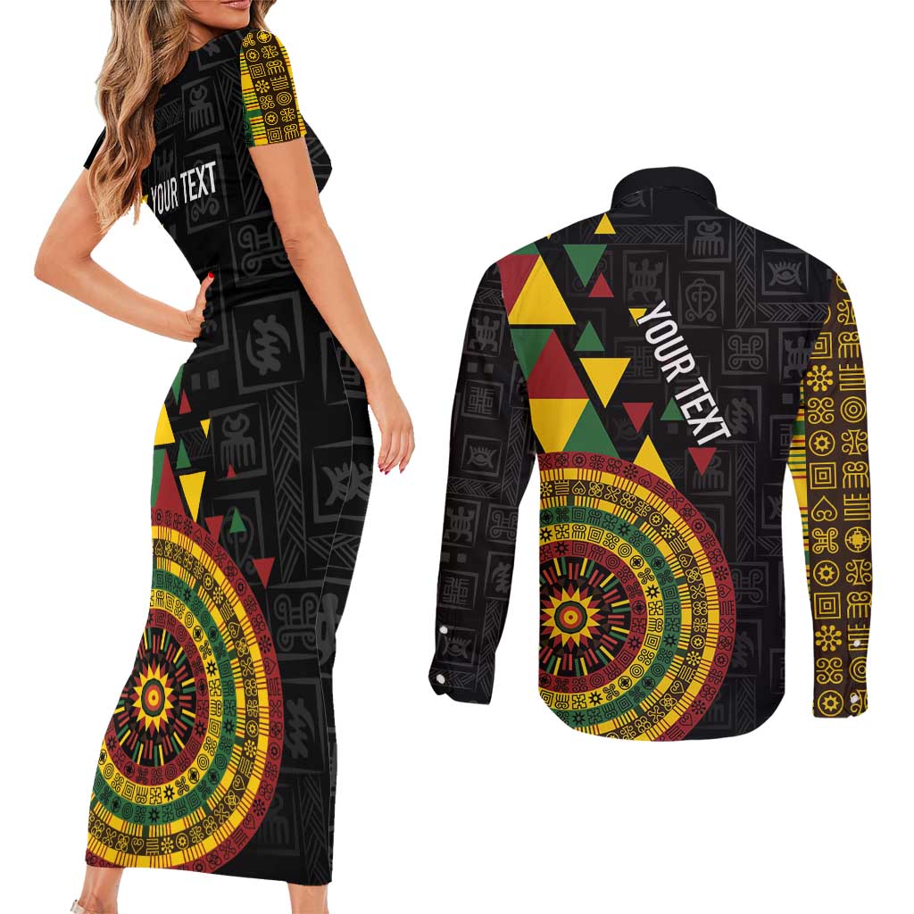 Personalized Adinkra Akan Culture Couples Matching Short Sleeve Bodycon Dress and Long Sleeve Button Shirt Afrikan Colors