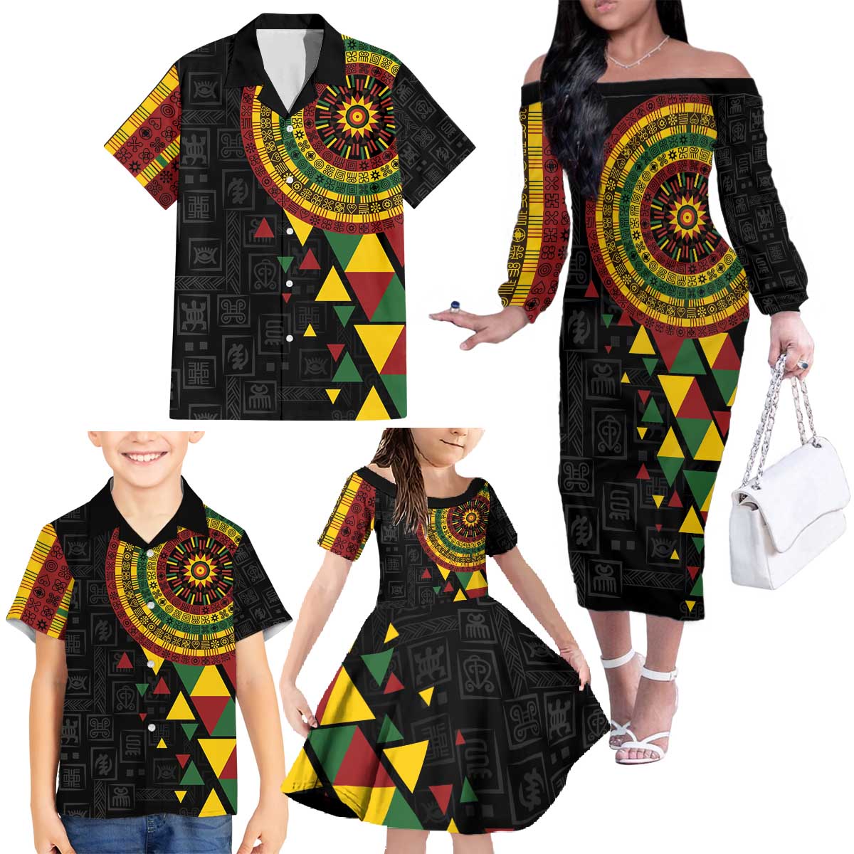 Personalized Adinkra Akan Culture Family Matching Off The Shoulder Long Sleeve Dress and Hawaiian Shirt Afrikan Colors