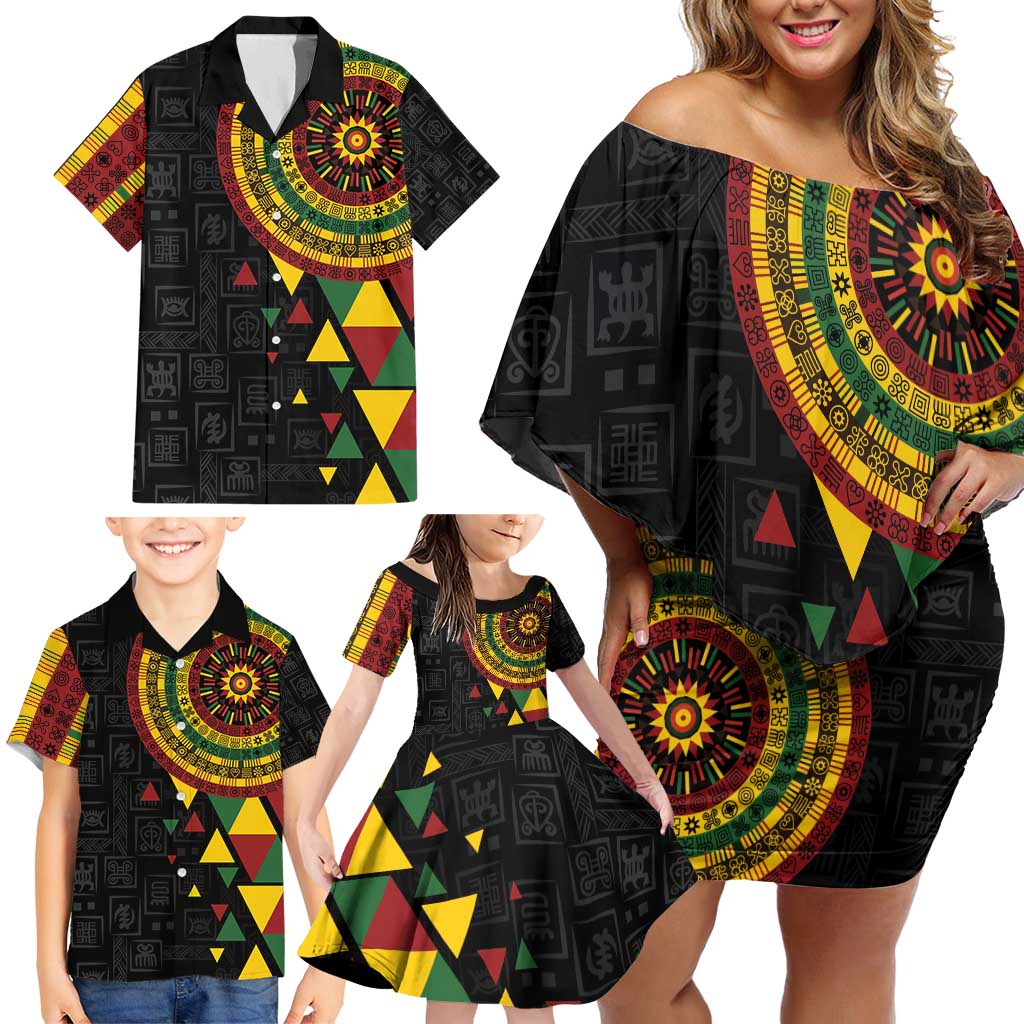 Personalized Adinkra Akan Culture Family Matching Off Shoulder Short Dress and Hawaiian Shirt Afrikan Colors
