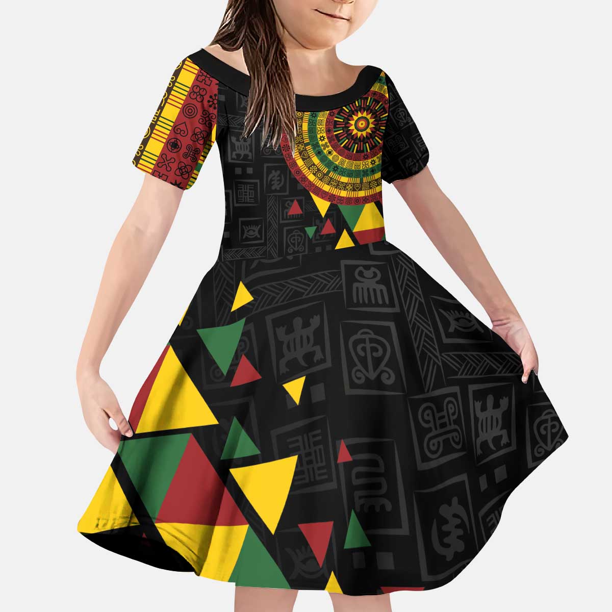 Personalized Adinkra Akan Culture Kid Short Sleeve Dress Afrikan Colors