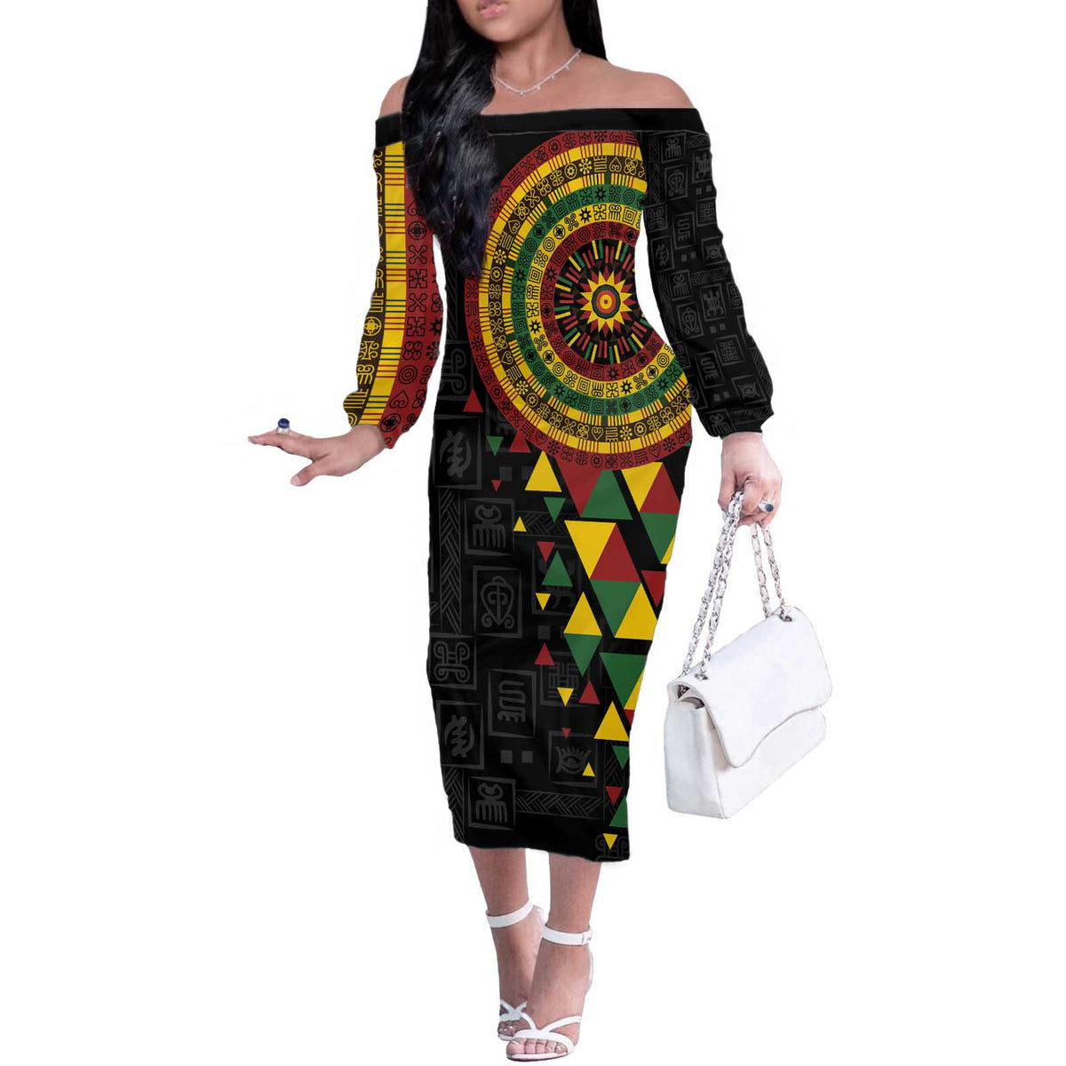 Personalized Adinkra Akan Culture Off The Shoulder Long Sleeve Dress Afrikan Colors