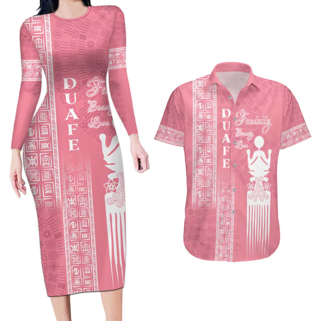 Personalized Adinkra Akan Culture Couples Matching Long Sleeve Bodycon Dress and Hawaiian Shirt Women's Day Duafe Symbol