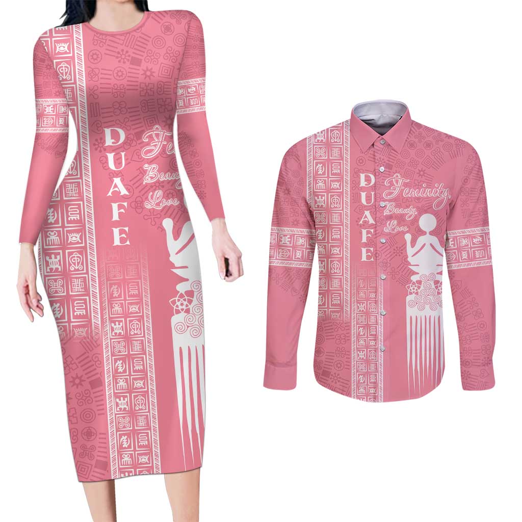 Personalized Adinkra Akan Culture Couples Matching Long Sleeve Bodycon Dress and Long Sleeve Button Shirt Women's Day Duafe Symbol