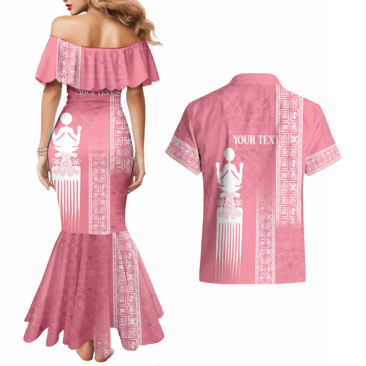 Personalized Adinkra Akan Culture Couples Matching Mermaid Dress and Hawaiian Shirt Women's Day Duafe Symbol